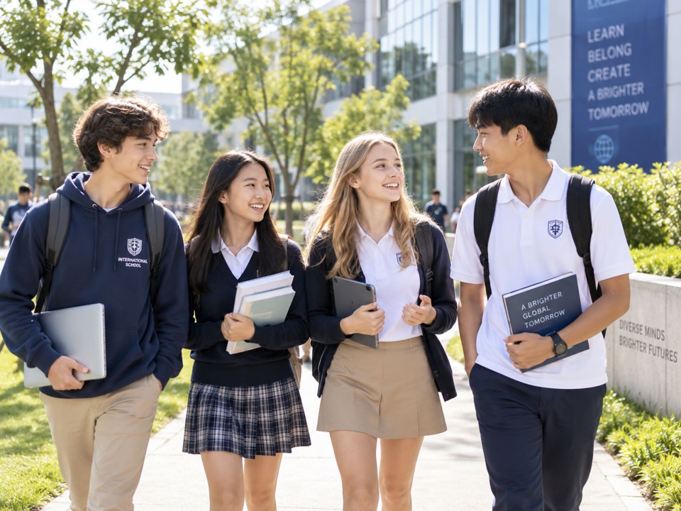 Students walking together on an international school campus