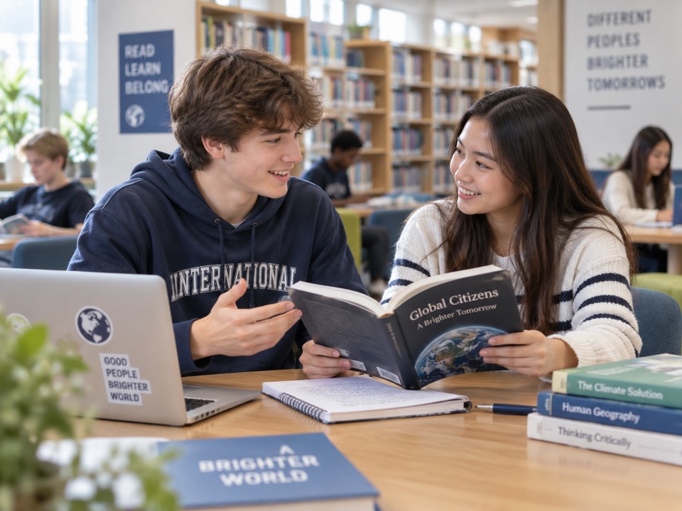 Students learning together in a library