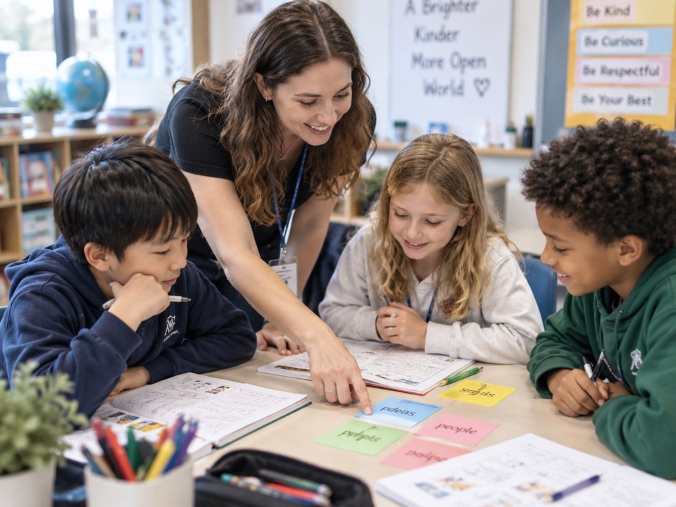 A teacher supporting students during a classroom activity